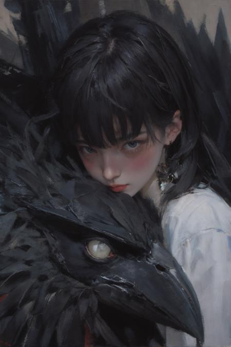 2312311892-1825827041-(oil painting_1.2),____a woman with a black bird on her shoulder and a white shirt on her shoulder, with a black bird on her sho.png